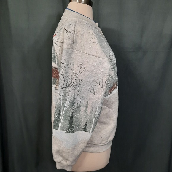 VTG Winter Scene Sweatshirt Wrap Around All Over Print Womens XL Horses Cardinal - Picture 3 of 13